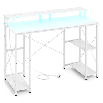 White Computer Desk with LED Lights & Charging Ports