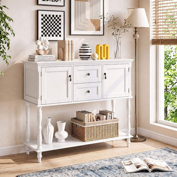 White Console Table with Drawers and Cabinets, Pine Wood