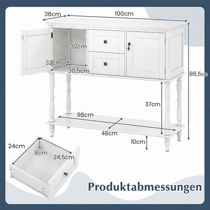 White Console Table with Drawers and Cabinets, Pine Wood