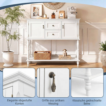 White Console Table with Drawers and Cabinets, Pine Wood