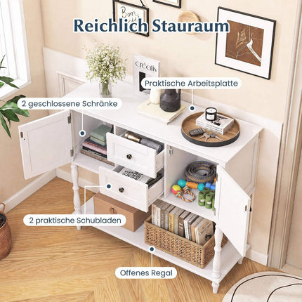 White Console Table with Drawers and Cabinets, Pine Wood