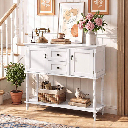 White Console Table with Drawers and Cabinets, Pine Wood