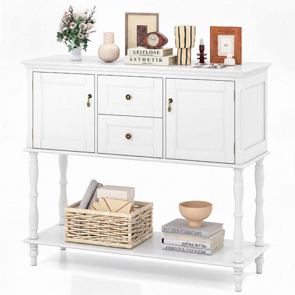 White Console Table with Drawers and Cabinets, Pine Wood