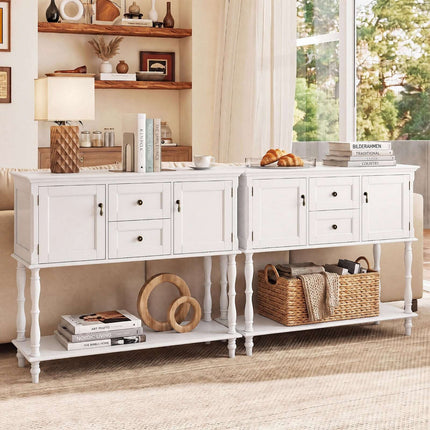 White Console Table with Drawers and Cabinets, Pine Wood