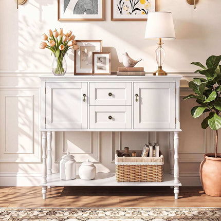 White Console Table with Drawers and Cabinets, Pine Wood