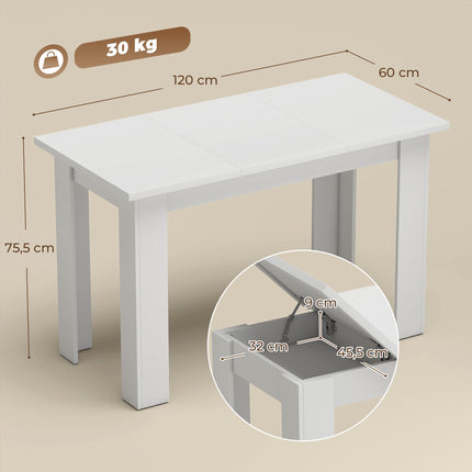 White Dining Table with Hidden Storage, 120x60 cm