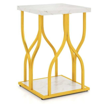 White Faux Marble Bedside Table with Gold Metal Frame