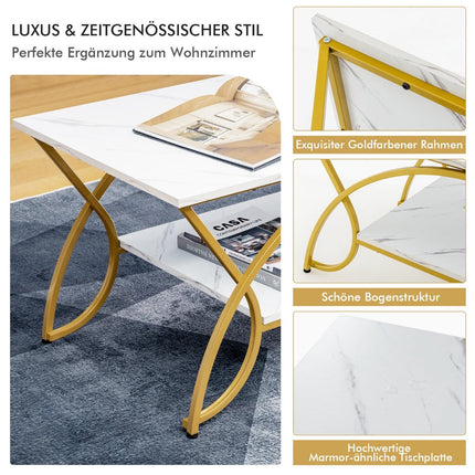 White Faux Marble Coffee Table, 2-Tier, Gold Legs, 100x50x45 cm