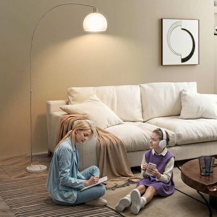 White Floor Lamp, Curved Head, Marble Base, Foot Switch