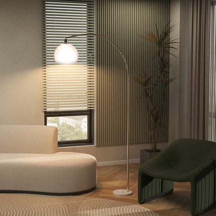 White Floor Lamp, Curved Head, Marble Base, Foot Switch