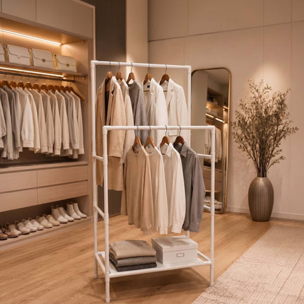 White Free-Standing Clothes Rack with 2 Shelves