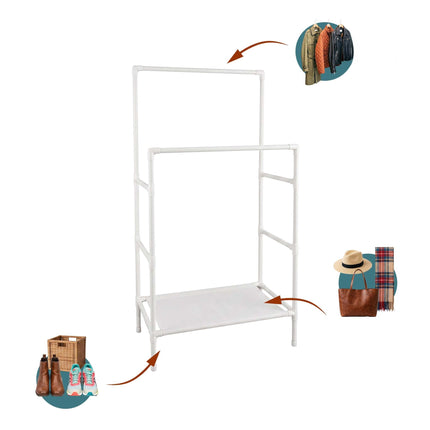 White Free-Standing Clothes Rack with 2 Shelves