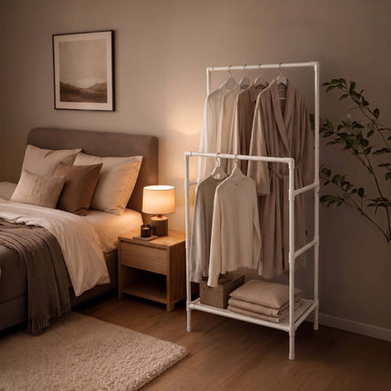 White Free-Standing Clothes Rack with 2 Shelves