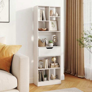 White Freestanding Bookshelf with 8 Open Cubes and Drawer