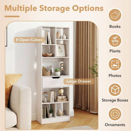 White Freestanding Bookshelf with 8 Open Cubes and Drawer