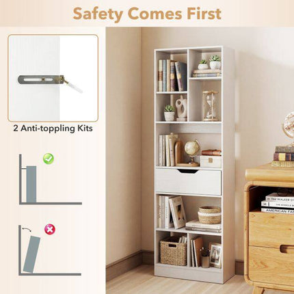 White Freestanding Bookshelf with 8 Open Cubes and Drawer