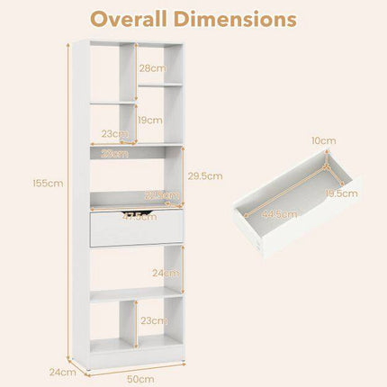 White Freestanding Bookshelf with 8 Open Cubes and Drawer