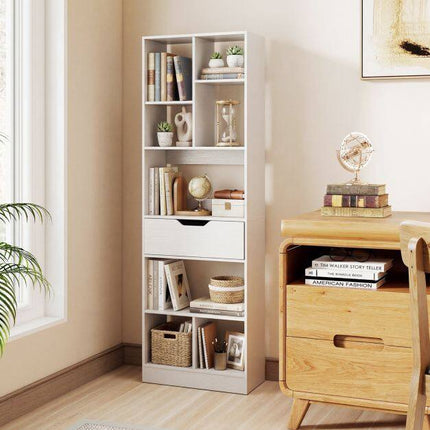 White Freestanding Bookshelf with 8 Open Cubes and Drawer