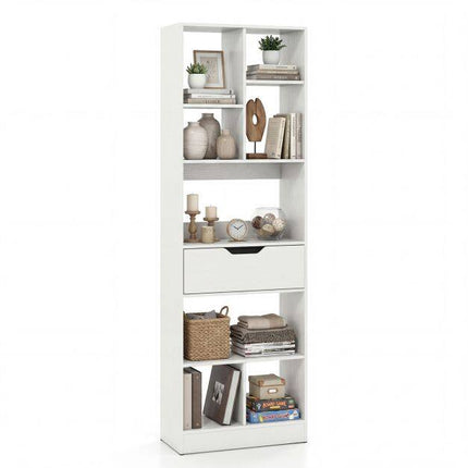 White Freestanding Bookshelf with 8 Open Cubes and Drawer