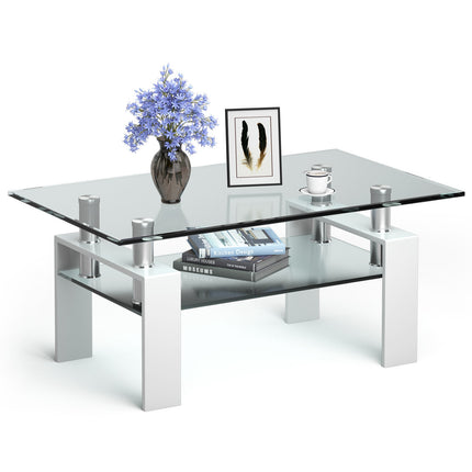 White Glass Coffee Table with Shelf – 99 x 60 x 44.5 cm