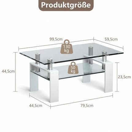 White Glass Coffee Table with Shelf – 99 x 60 x 44.5 cm