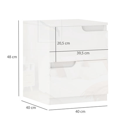 White High-Gloss Nightstand with Drawers, 40x40x48 cm