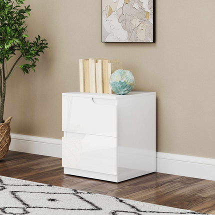 White High-Gloss Nightstand with Drawers, 40x40x48 cm