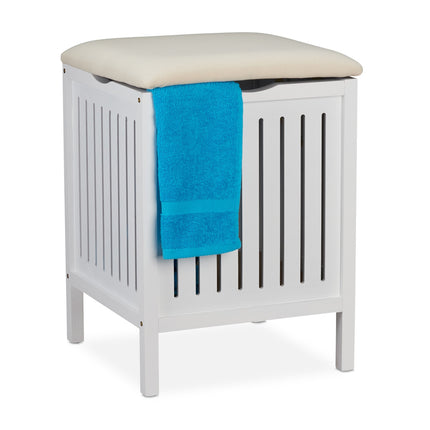 White Laundry Basket Stool with Cushion Seat
