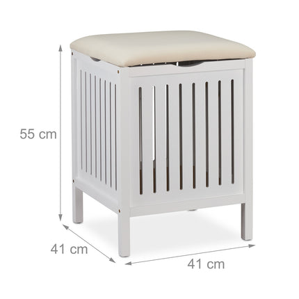 White Laundry Basket Stool with Cushion Seat