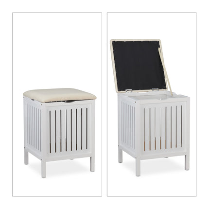White Laundry Basket Stool with Cushion Seat