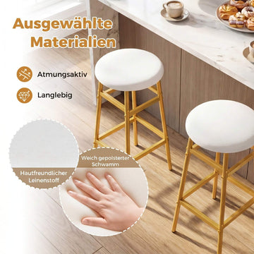 White Linen Bar Stools with Footrest, Set of 2
