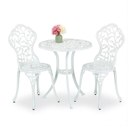 White Metal Bistro Set – Table & 2 Chairs, Leaf Pattern