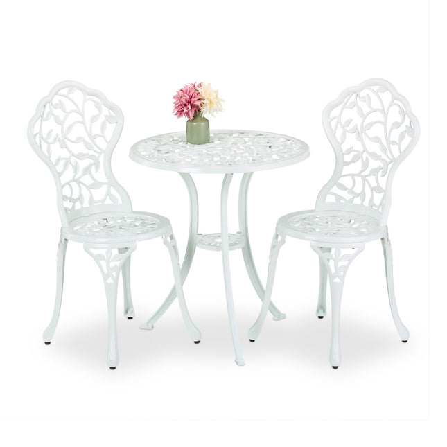 White Metal Bistro Set – Table & 2 Chairs, Leaf Pattern