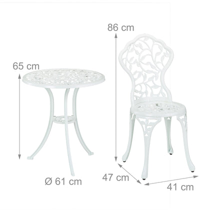 White Metal Bistro Set – Table & 2 Chairs, Leaf Pattern
