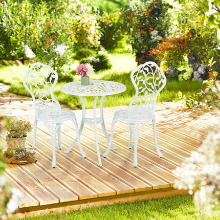 White Metal Bistro Set – Table & 2 Chairs, Leaf Pattern