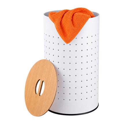 White Metal Laundry Bin with Wood Lid, 50L Capacity
