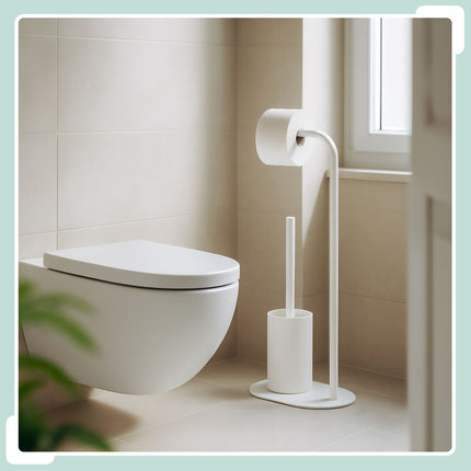 White Metal Toilet Paper Holder and Brush Set