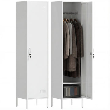 White Metal Wardrobe with Lockable Door and Clothes Rail