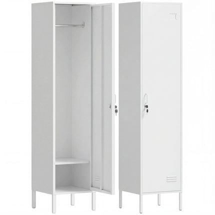 White Metal Wardrobe with Lockable Door and Clothes Rail