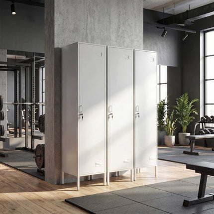 White Metal Wardrobe with Lockable Door and Clothes Rail