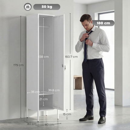White Metal Wardrobe with Lockable Door and Clothes Rail