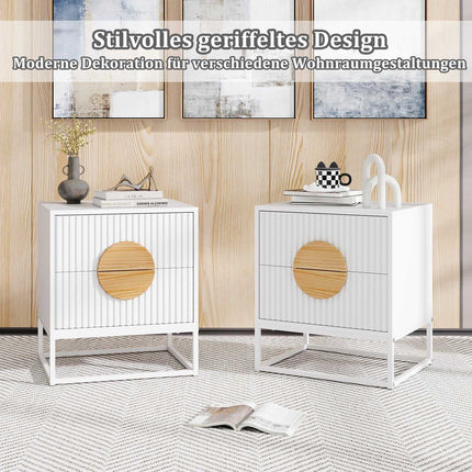 White Mid-Century Side Table with 2 Drawers & Metal Frame