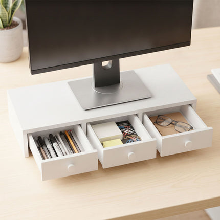 White Monitor Stand with 3 Drawers, MDF Material