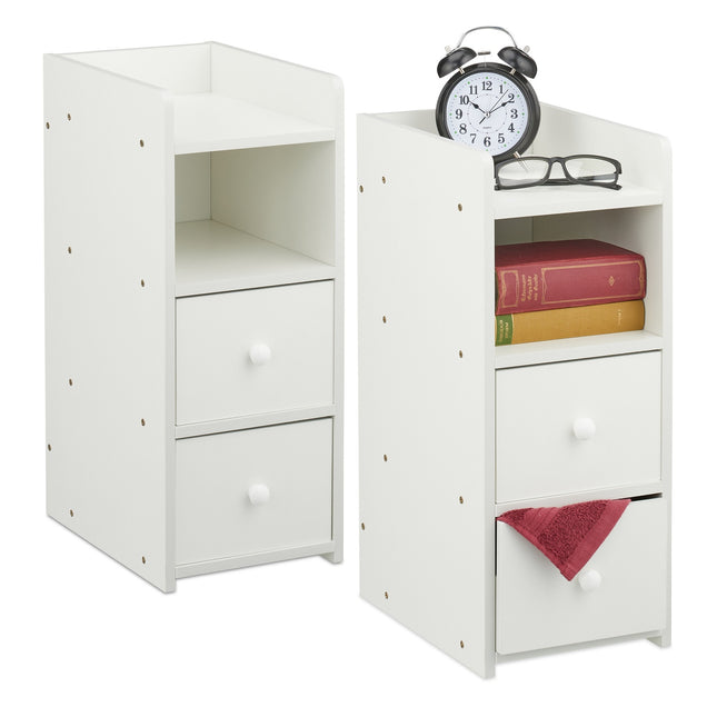 White Narrow Bedside Table with 2 Drawers