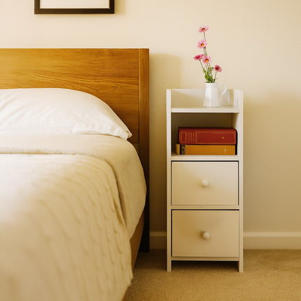 White Narrow Bedside Table with 2 Drawers
