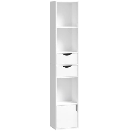White Narrow Bookshelf with 2 Drawers and Adjustable Shelves