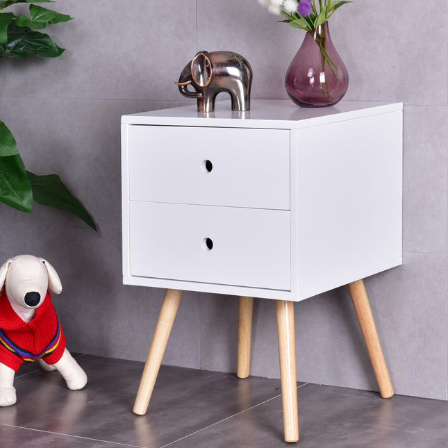 White Nightstand With 2 Drawers, Oak Legs