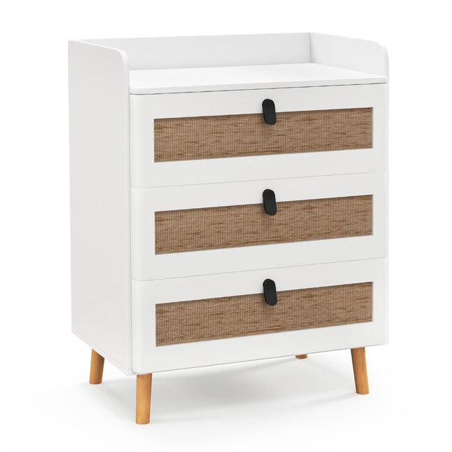 White Nightstand with 3 Rattan Drawers, Solid Wood Legs