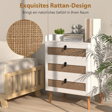 White Nightstand with 3 Rattan Drawers, Solid Wood Legs