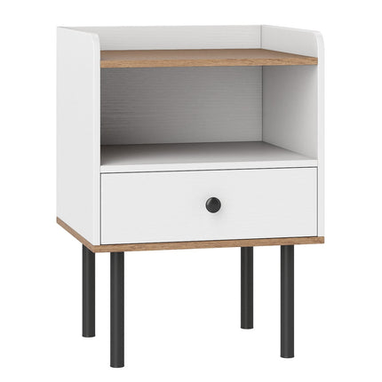 White Nightstand with Drawer & Open Shelf, Metal Legs